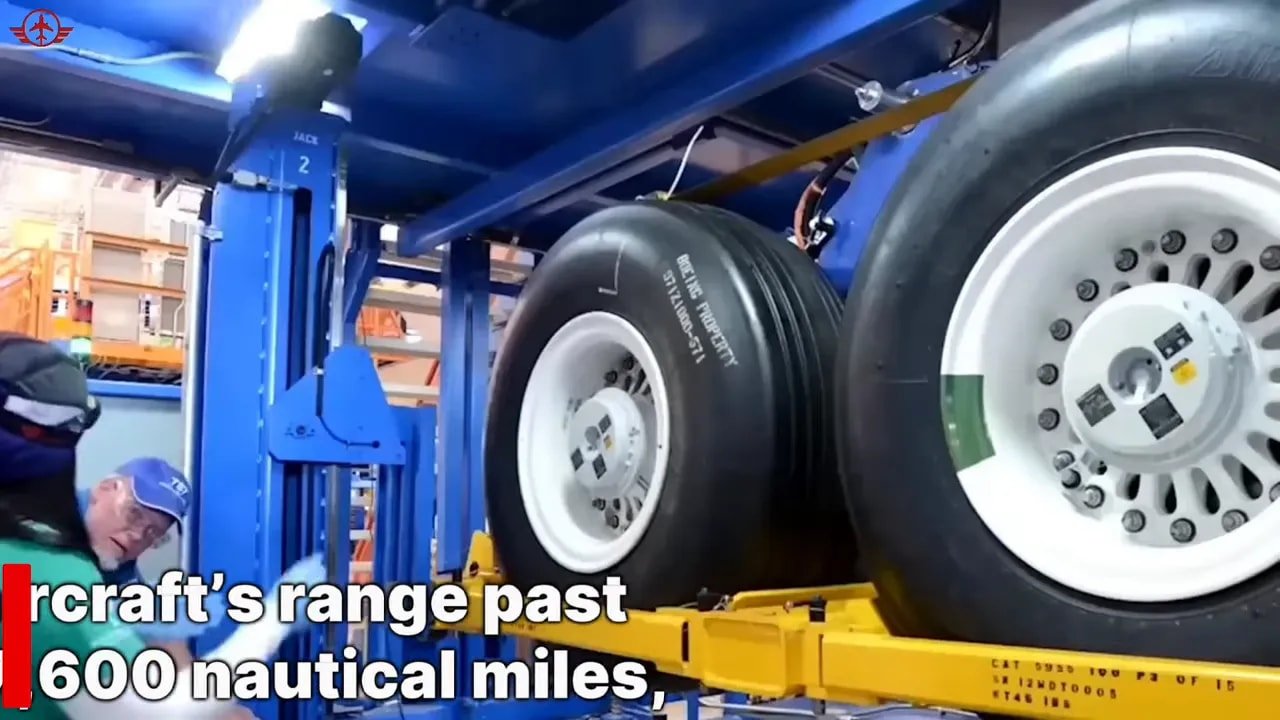 Boeing’s $2 Billion Order Could Be a Real Game Changer Aircraft landing gear in a factory with text referring to long-range capability